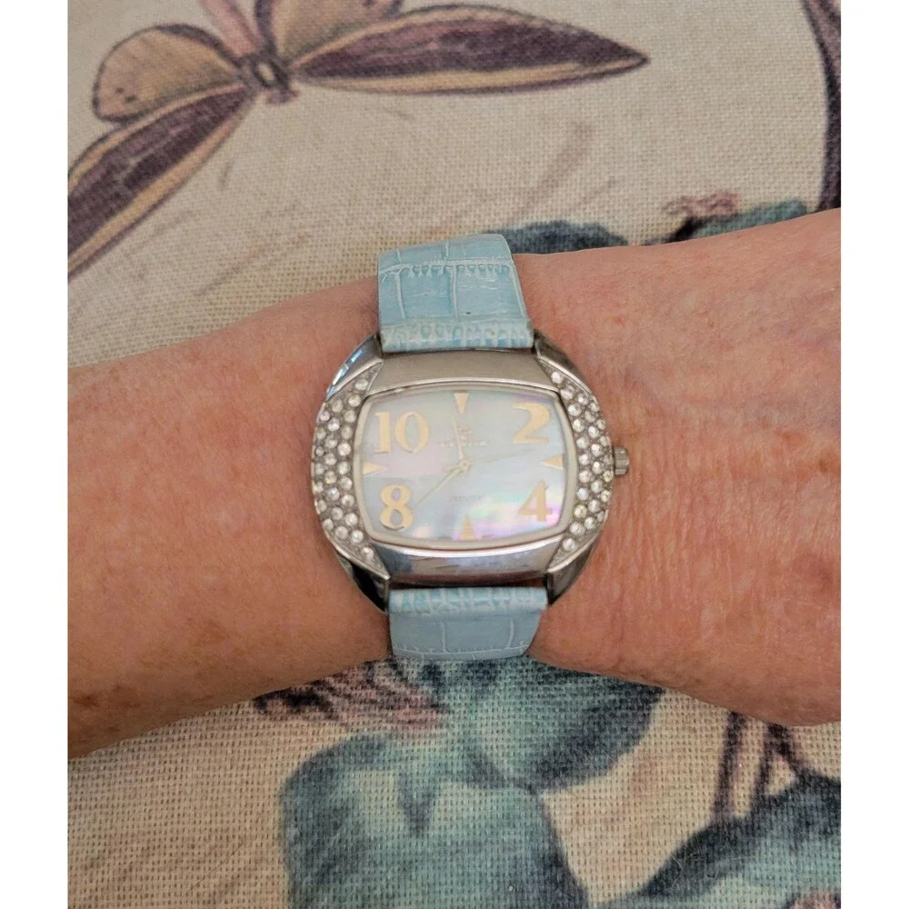 Stone & Co. Bling Watch – Aqua Blue Croc Leather Strap – Rhinestone Bezel